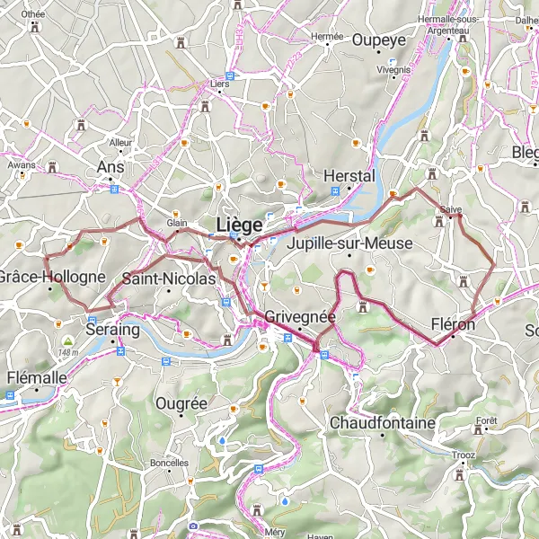 Miniatuurkaart van de fietsinspiratie "Gravelroute naar Retinne" in Prov. Liège, Belgium. Gemaakt door de Tarmacs.app fietsrouteplanner