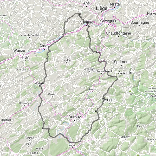 Map miniature of "Road Route featuring Château de Strivay and Château d'Awan" cycling inspiration in Prov. Liège, Belgium. Generated by Tarmacs.app cycling route planner