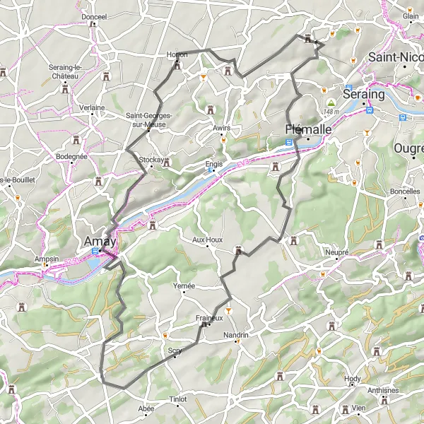 Miniature de la carte de l'inspiration cycliste "Les Châteaux et Cités Liégeoises" dans la Prov. Liège, Belgium. Générée par le planificateur d'itinéraire cycliste Tarmacs.app