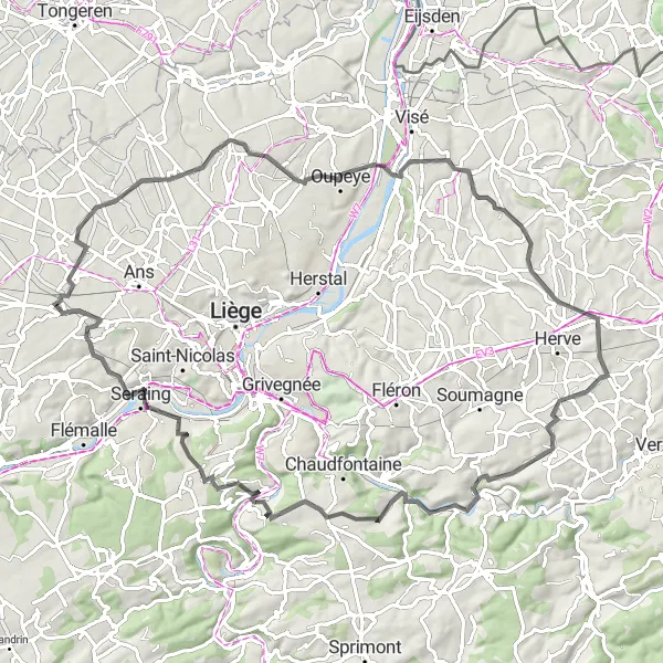 Karten-Miniaturansicht der Radinspiration "Hügelige Straßen rund um Hollogne-aux-Pierres" in Prov. Liège, Belgium. Erstellt vom Tarmacs.app-Routenplaner für Radtouren