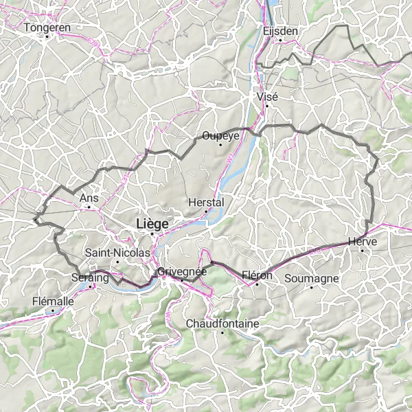Map miniature of "Road Route to Liers and Hermalle-sous-Argenteau" cycling inspiration in Prov. Liège, Belgium. Generated by Tarmacs.app cycling route planner