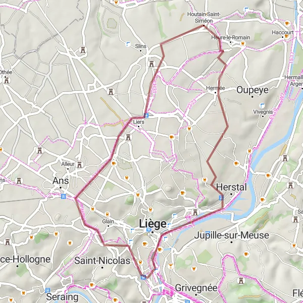 Miniatuurkaart van de fietsinspiratie "Verken de gravelwegen van Houtain-Saint-Siméon" in Prov. Liège, Belgium. Gemaakt door de Tarmacs.app fietsrouteplanner