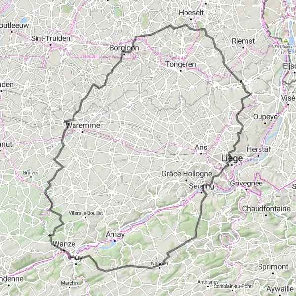Map miniature of "Houtain-Saint-Siméon to Liège Circular Route" cycling inspiration in Prov. Liège, Belgium. Generated by Tarmacs.app cycling route planner