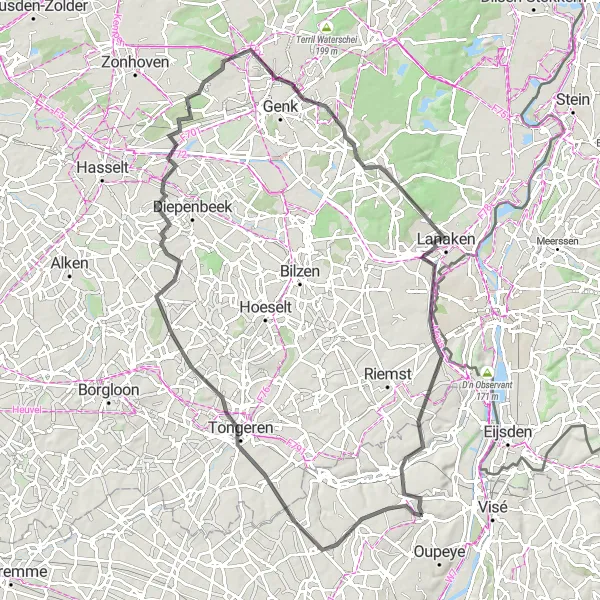 Miniature de la carte de l'inspiration cycliste "Randonnée pittoresque vers Lanaken" dans la Prov. Liège, Belgium. Générée par le planificateur d'itinéraire cycliste Tarmacs.app