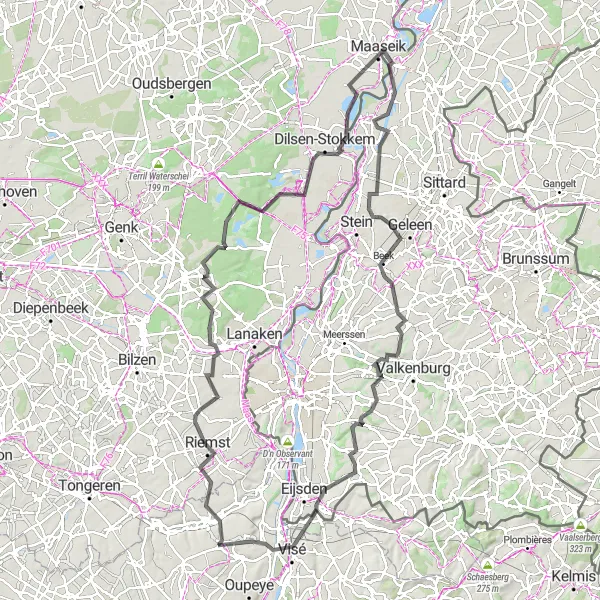Miniature de la carte de l'inspiration cycliste "Boucle de la Meuse et des Collines" dans la Prov. Liège, Belgium. Générée par le planificateur d'itinéraire cycliste Tarmacs.app
