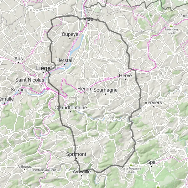 Miniatuurkaart van de fietsinspiratie "De heuvelachtige weg van Houtain-Saint-Siméon" in Prov. Liège, Belgium. Gemaakt door de Tarmacs.app fietsrouteplanner