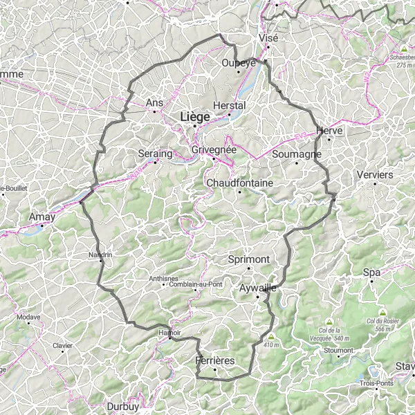 Miniature de la carte de l'inspiration cycliste "Défi au coeur de la Province de Liège" dans la Prov. Liège, Belgium. Générée par le planificateur d'itinéraire cycliste Tarmacs.app