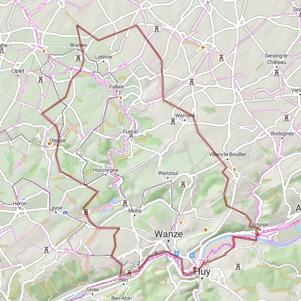 Map miniature of "The Gravel Loop to Warnant-Dreye" cycling inspiration in Prov. Liège, Belgium. Generated by Tarmacs.app cycling route planner