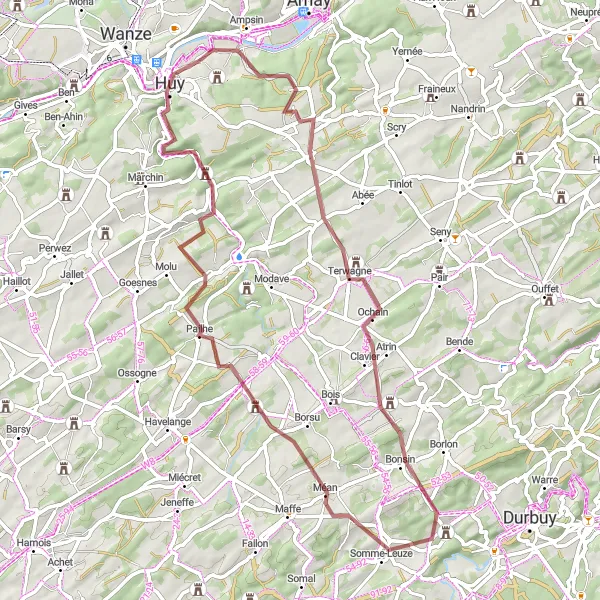 Map miniature of "Tihange and Huy Gravel Adventure" cycling inspiration in Prov. Liège, Belgium. Generated by Tarmacs.app cycling route planner