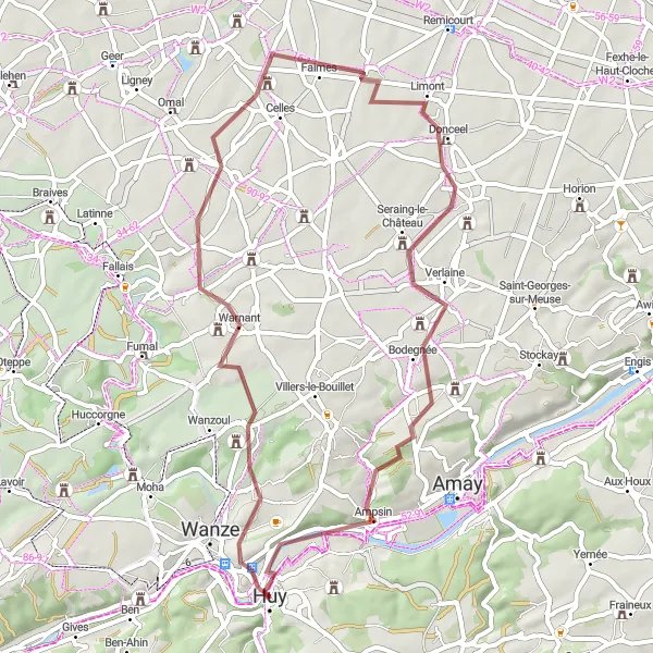 Map miniature of "The Gravel Adventure to Ampsin" cycling inspiration in Prov. Liège, Belgium. Generated by Tarmacs.app cycling route planner
