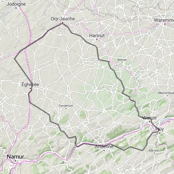 Map miniature of "Backcountry Beauty: Huy and Surroundings" cycling inspiration in Prov. Liège, Belgium. Generated by Tarmacs.app cycling route planner