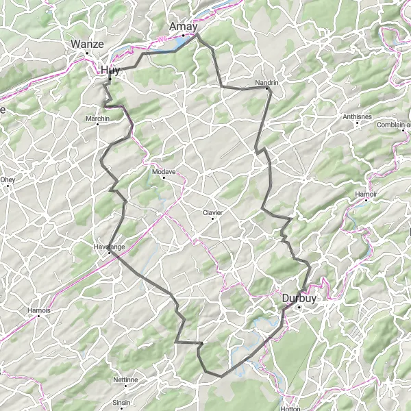 Map miniature of "Challenge Yourself: Huy and the Adventurous Surroundings" cycling inspiration in Prov. Liège, Belgium. Generated by Tarmacs.app cycling route planner