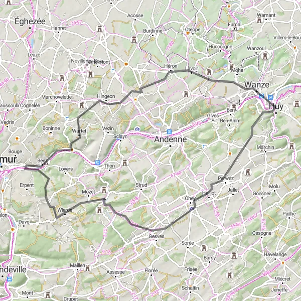 Miniature de la carte de l'inspiration cycliste "Les Collines de Huy" dans la Prov. Liège, Belgium. Générée par le planificateur d'itinéraire cycliste Tarmacs.app