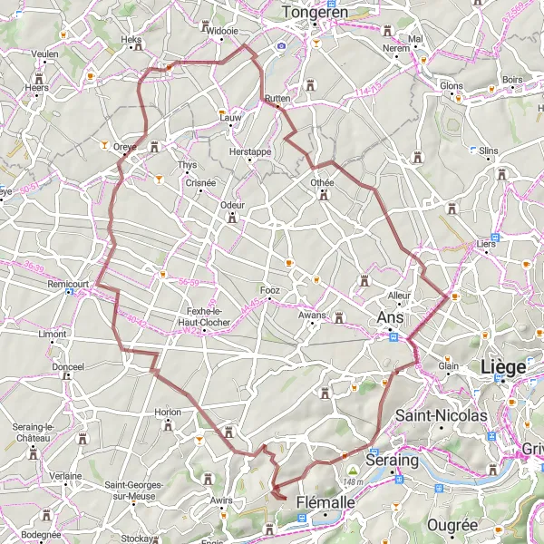 Map miniature of "Ferme du Château de Fontaine and Rutten Gravel Route" cycling inspiration in Prov. Liège, Belgium. Generated by Tarmacs.app cycling route planner