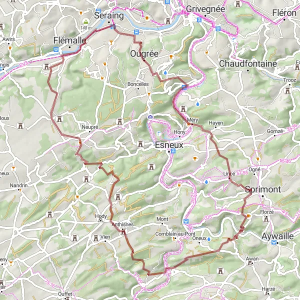 Miniatuurkaart van de fietsinspiratie "Gravelroute Ougrée" in Prov. Liège, Belgium. Gemaakt door de Tarmacs.app fietsrouteplanner