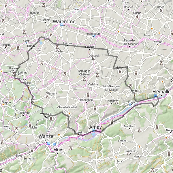 Map miniature of "Ampsin and Surrounding Areas" cycling inspiration in Prov. Liège, Belgium. Generated by Tarmacs.app cycling route planner