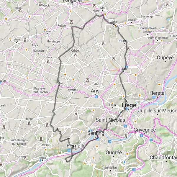 Map miniature of "The Velroux Road Cycling Route" cycling inspiration in Prov. Liège, Belgium. Generated by Tarmacs.app cycling route planner