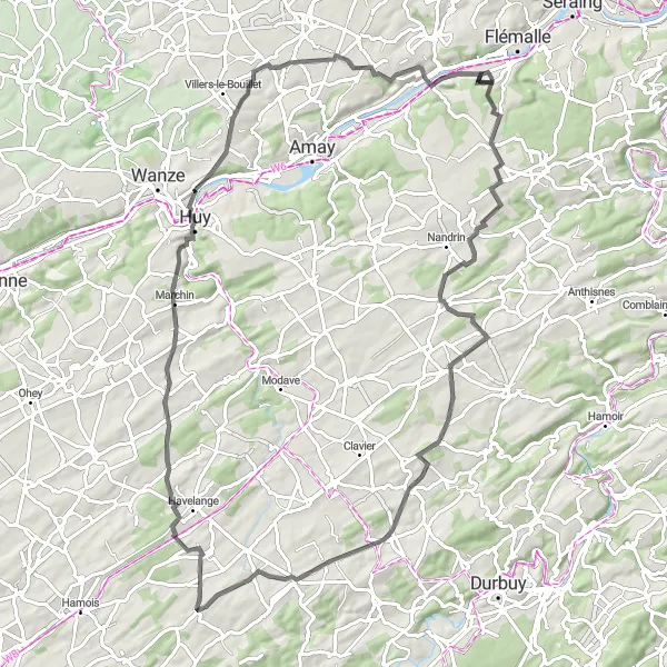 Miniature de la carte de l'inspiration cycliste "Vers les collines de Marchin" dans la Prov. Liège, Belgium. Générée par le planificateur d'itinéraire cycliste Tarmacs.app