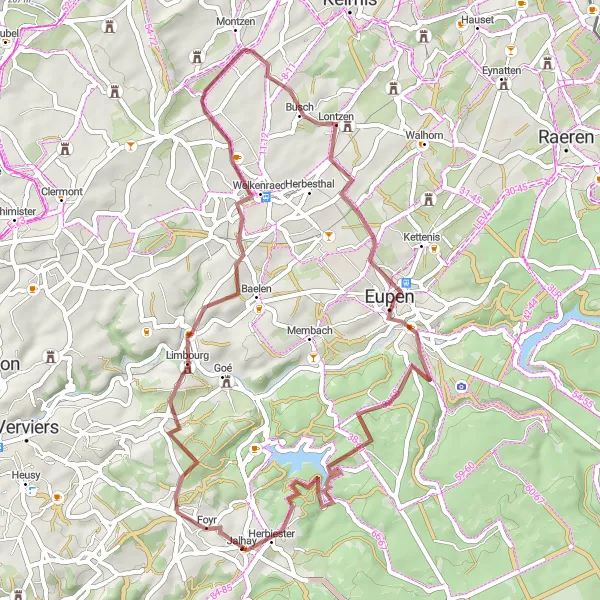 Map miniature of "Picturesque Gravel Route: Limbourg to Moorenhöhe" cycling inspiration in Prov. Liège, Belgium. Generated by Tarmacs.app cycling route planner