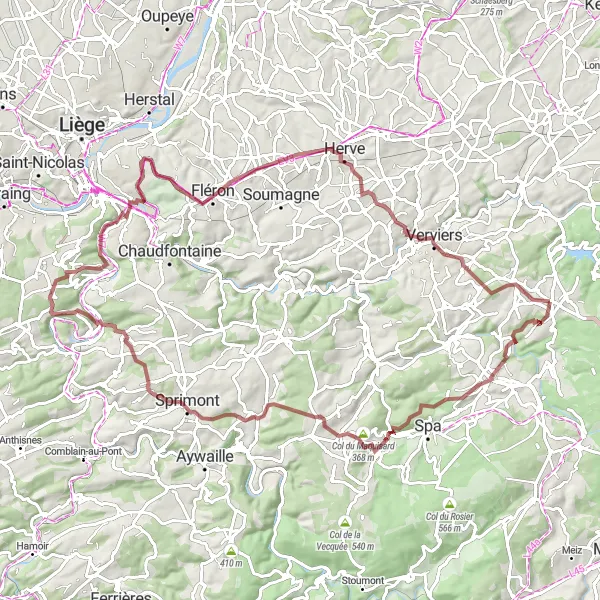 Map miniature of "Epic Gravel Adventure: Col d'Annette et Lubin to Léviathan" cycling inspiration in Prov. Liège, Belgium. Generated by Tarmacs.app cycling route planner