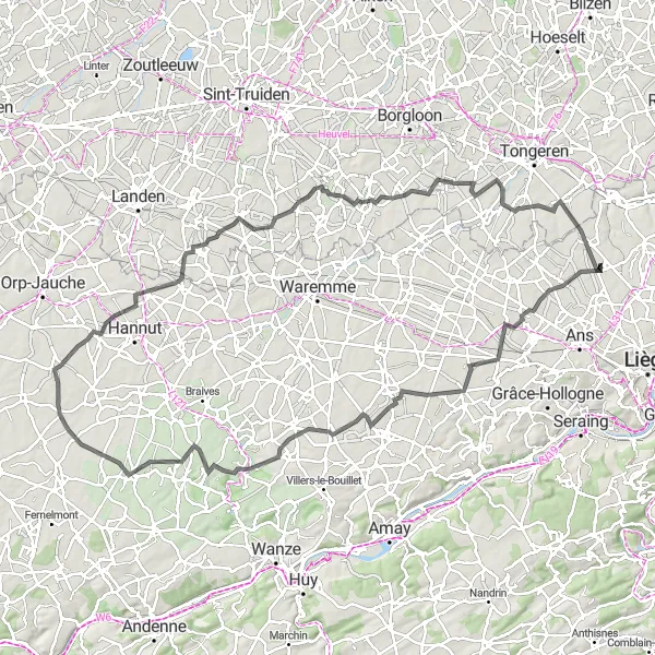 Map miniature of "Fascinating Valleys and Historic Villages" cycling inspiration in Prov. Liège, Belgium. Generated by Tarmacs.app cycling route planner