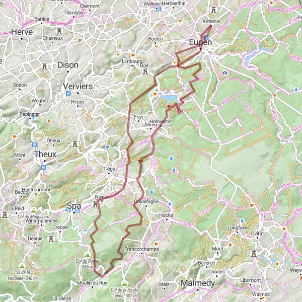 Miniatuurkaart van de fietsinspiratie "Gravelroute Kettenis - Eupen" in Prov. Liège, Belgium. Gemaakt door de Tarmacs.app fietsrouteplanner