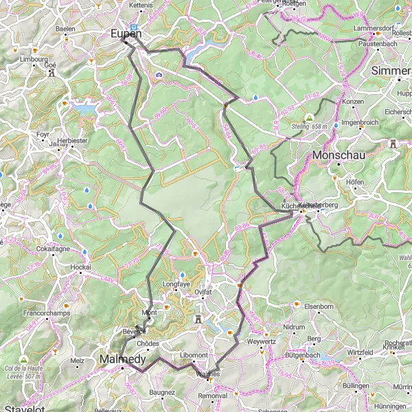 Karten-Miniaturansicht der Radinspiration "Herausfordernde Eupener Runde" in Prov. Liège, Belgium. Erstellt vom Tarmacs.app-Routenplaner für Radtouren