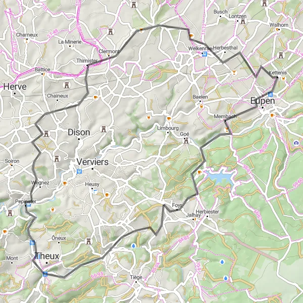 Map miniature of "Eupen and the Ardennes Forest" cycling inspiration in Prov. Liège, Belgium. Generated by Tarmacs.app cycling route planner