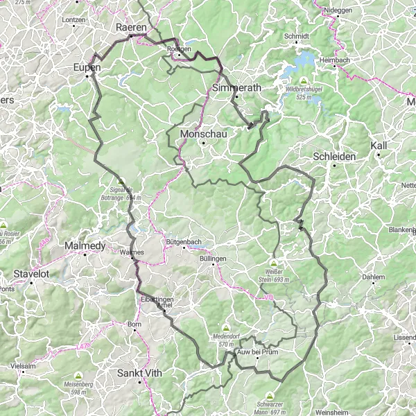 Map miniature of "Liège's Ultimate Road Cycling Challenge" cycling inspiration in Prov. Liège, Belgium. Generated by Tarmacs.app cycling route planner