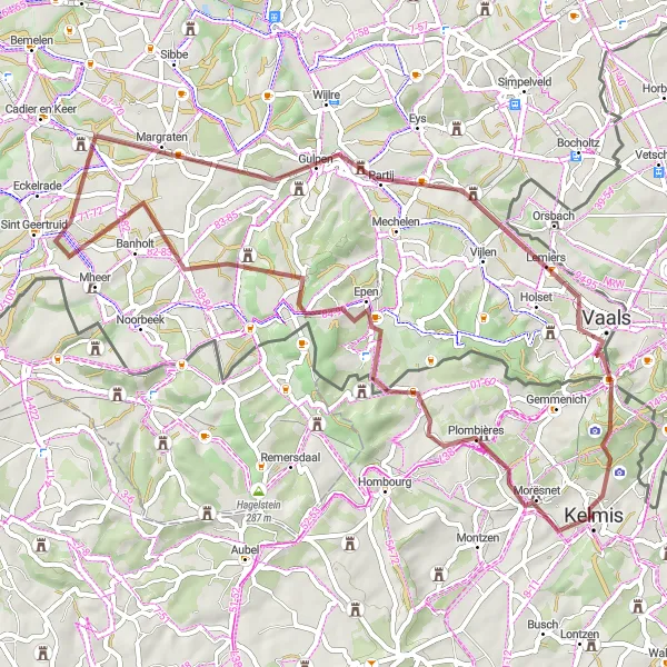 Miniatuurkaart van de fietsinspiratie "Gravelroute van La Calamine naar Vaalserberg" in Prov. Liège, Belgium. Gemaakt door de Tarmacs.app fietsrouteplanner