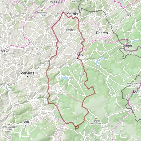 Map miniature of "The Eupen Exploration" cycling inspiration in Prov. Liège, Belgium. Generated by Tarmacs.app cycling route planner