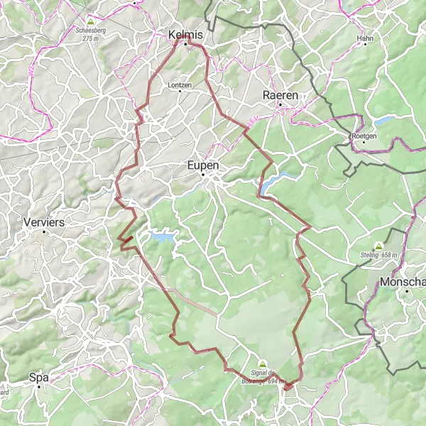 Map miniature of "Exploring Neu-Moresnet" cycling inspiration in Prov. Liège, Belgium. Generated by Tarmacs.app cycling route planner