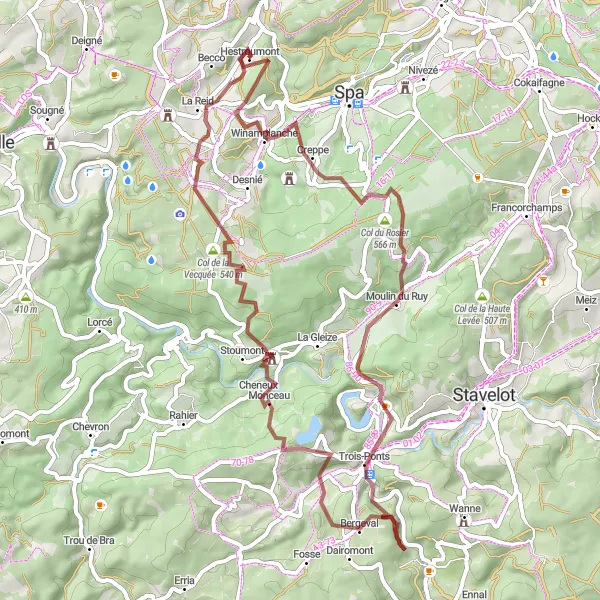 Miniature de la carte de l'inspiration cycliste "Les Collines et Cascades de l'Ardenne" dans la Prov. Liège, Belgium. Générée par le planificateur d'itinéraire cycliste Tarmacs.app