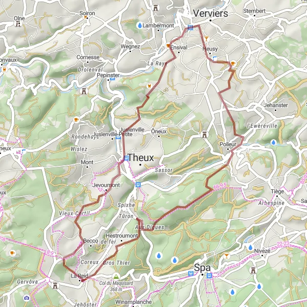 Miniatuurkaart van de fietsinspiratie "Gravelroute La Reid - Jevoumont" in Prov. Liège, Belgium. Gemaakt door de Tarmacs.app fietsrouteplanner