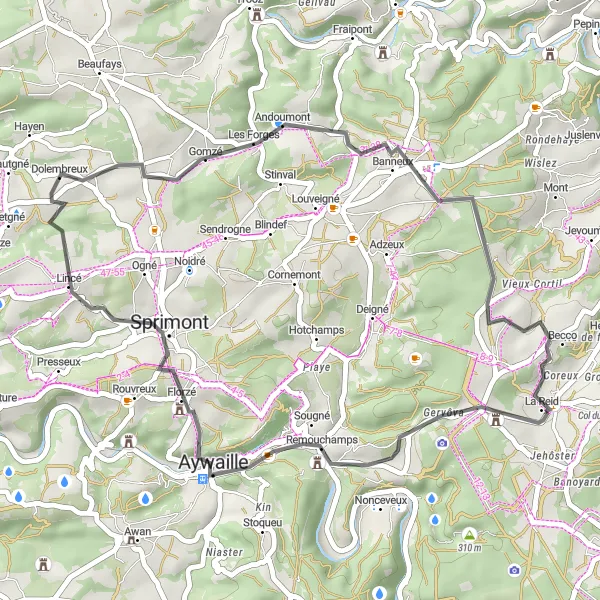 Miniature de la carte de l'inspiration cycliste "Les Châteaux et Villages Pittoresques" dans la Prov. Liège, Belgium. Générée par le planificateur d'itinéraire cycliste Tarmacs.app