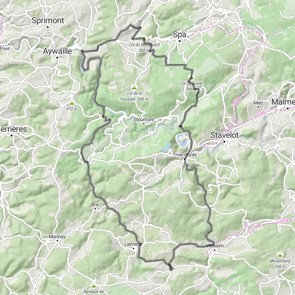 Map miniature of "The Challenging Road Loop" cycling inspiration in Prov. Liège, Belgium. Generated by Tarmacs.app cycling route planner