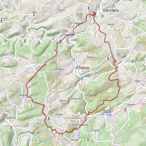 Map miniature of "Discover the hidden treasures of eastern Belgium on a gravel adventure" cycling inspiration in Prov. Liège, Belgium. Generated by Tarmacs.app cycling route planner