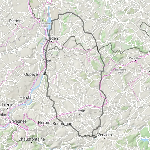 Miniatuurkaart van de fietsinspiratie "Wegfietsen door pittoresk landschap" in Prov. Liège, Belgium. Gemaakt door de Tarmacs.app fietsrouteplanner