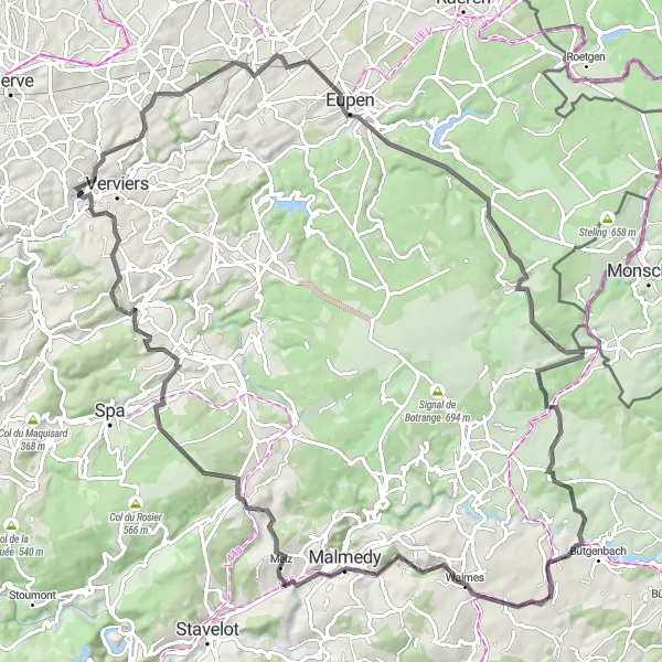 Map miniature of "Big mountains and stunning views in eastern Belgium" cycling inspiration in Prov. Liège, Belgium. Generated by Tarmacs.app cycling route planner