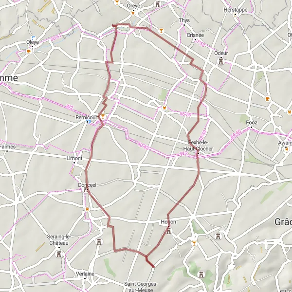 Map miniature of "Gravel Escape" cycling inspiration in Prov. Liège, Belgium. Generated by Tarmacs.app cycling route planner