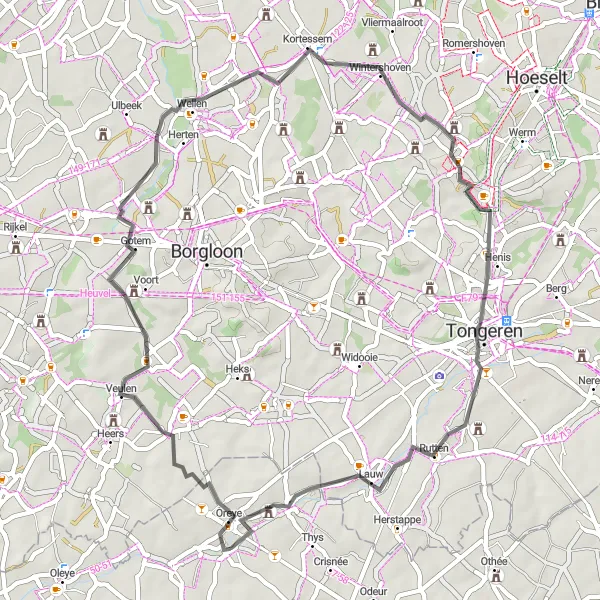 Miniatuurkaart van de fietsinspiratie "Kort fietsrondje vanuit Lens-sur-Geer" in Prov. Liège, Belgium. Gemaakt door de Tarmacs.app fietsrouteplanner