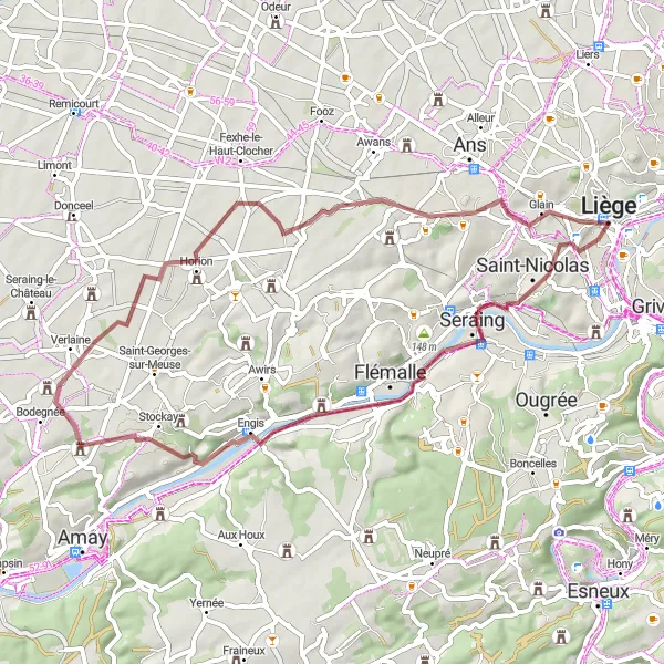 Miniature de la carte de l'inspiration cycliste "Les Vallées et Châteaux" dans la Prov. Liège, Belgium. Générée par le planificateur d'itinéraire cycliste Tarmacs.app