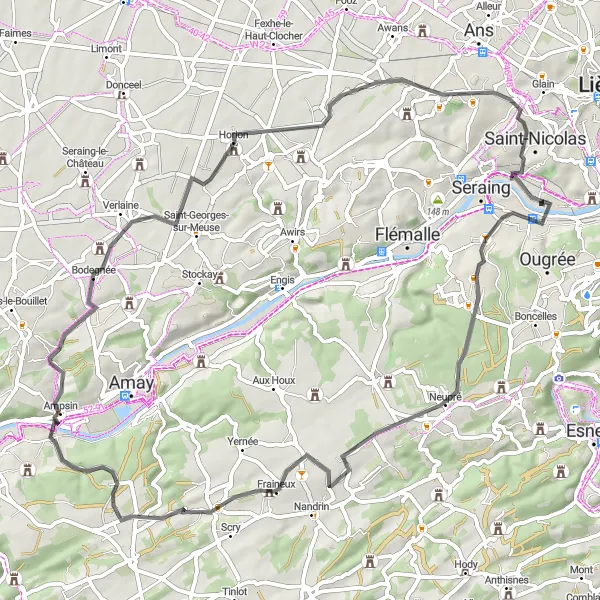 Map miniature of "Exploring the Meuse Valley" cycling inspiration in Prov. Liège, Belgium. Generated by Tarmacs.app cycling route planner