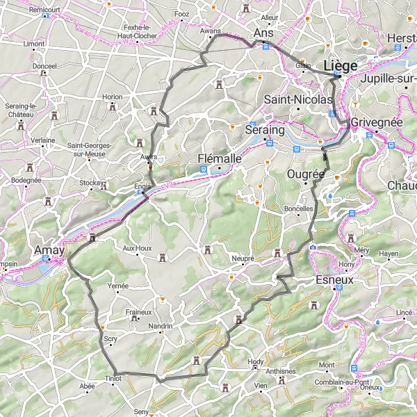 Map miniature of "The Hills of Liège" cycling inspiration in Prov. Liège, Belgium. Generated by Tarmacs.app cycling route planner