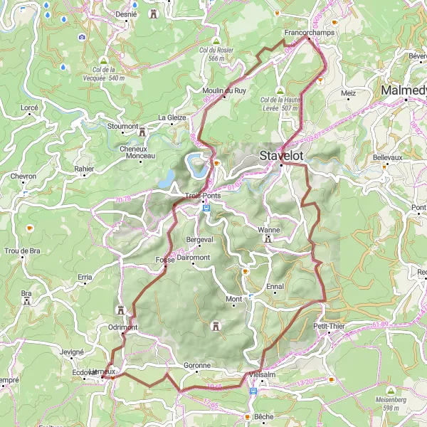 Map miniature of "Gravel Route from Lierneux to Stavelot" cycling inspiration in Prov. Liège, Belgium. Generated by Tarmacs.app cycling route planner