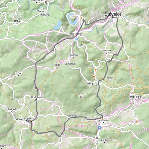 Miniature de la carte de l'inspiration cycliste "Exploration à vélo autour de Lierneux" dans la Prov. Liège, Belgium. Générée par le planificateur d'itinéraire cycliste Tarmacs.app