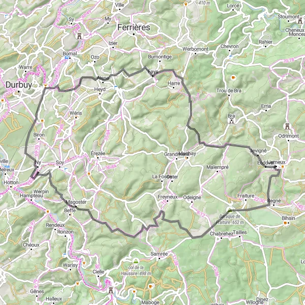 Map miniature of "Challenging Road Cycling Tour from Lierneux" cycling inspiration in Prov. Liège, Belgium. Generated by Tarmacs.app cycling route planner