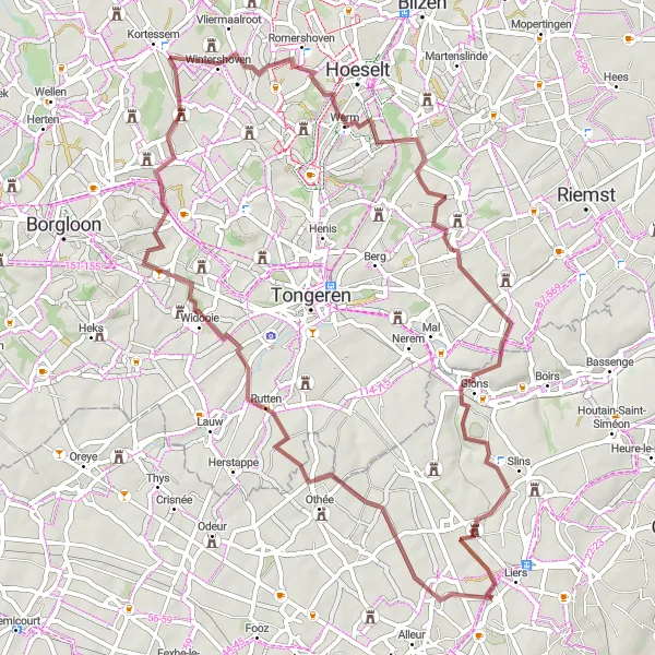 Karten-Miniaturansicht der Radinspiration "Gravelroute von Liers nach Rutten" in Prov. Liège, Belgium. Erstellt vom Tarmacs.app-Routenplaner für Radtouren
