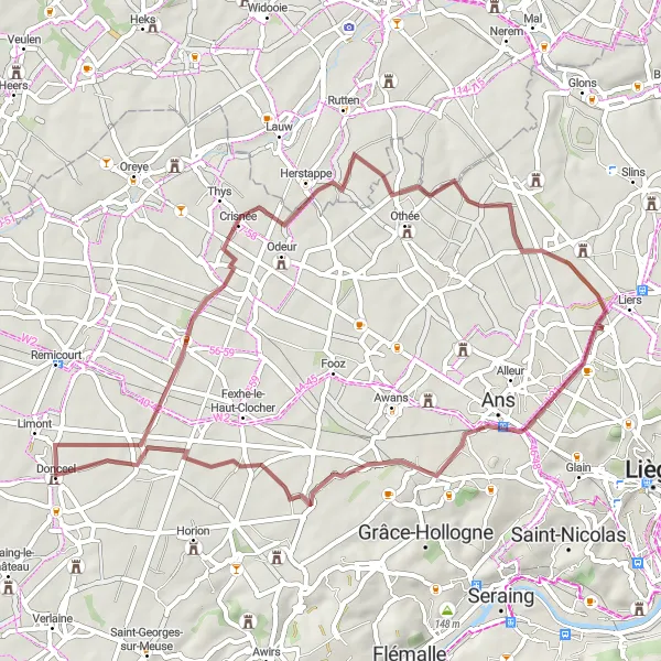 Miniature de la carte de l'inspiration cycliste "Parcours de Gravel Velroux-Crisnée" dans la Prov. Liège, Belgium. Générée par le planificateur d'itinéraire cycliste Tarmacs.app