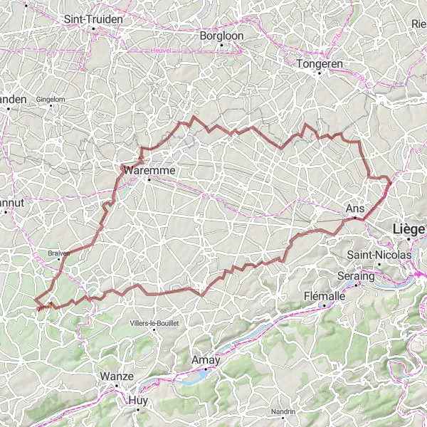 Miniatuurkaart van de fietsinspiratie "Gravelroute van Liers naar Rocourt en terug" in Prov. Liège, Belgium. Gemaakt door de Tarmacs.app fietsrouteplanner